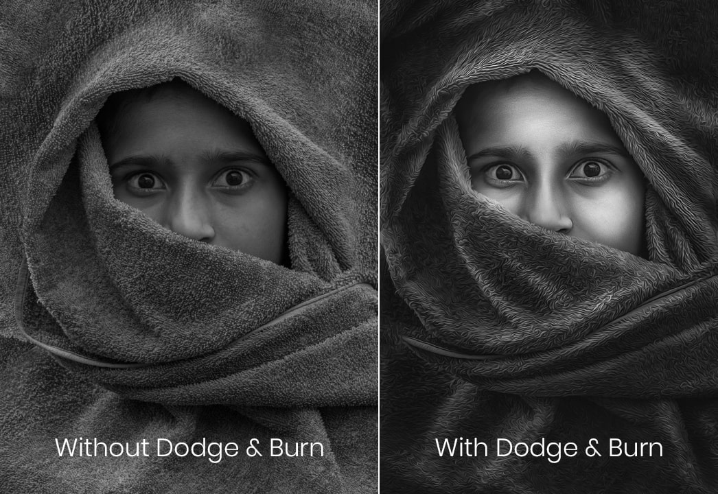 Photoshop dodge and burn can be used on black and white photo or colored photo