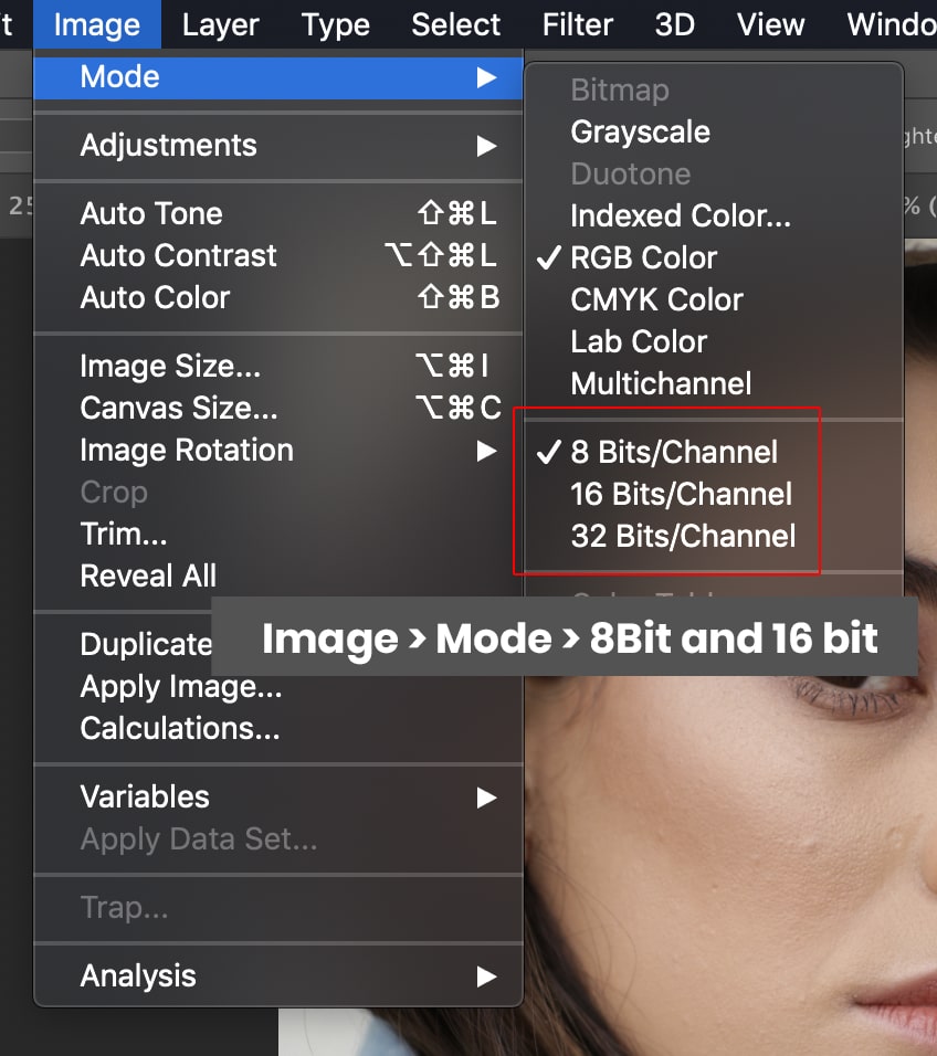 in photoshop go to menu then mode you will be able to find the bit value of the photo