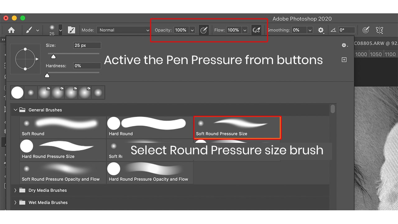 select the brush and use pen pressure for hair in photoshop