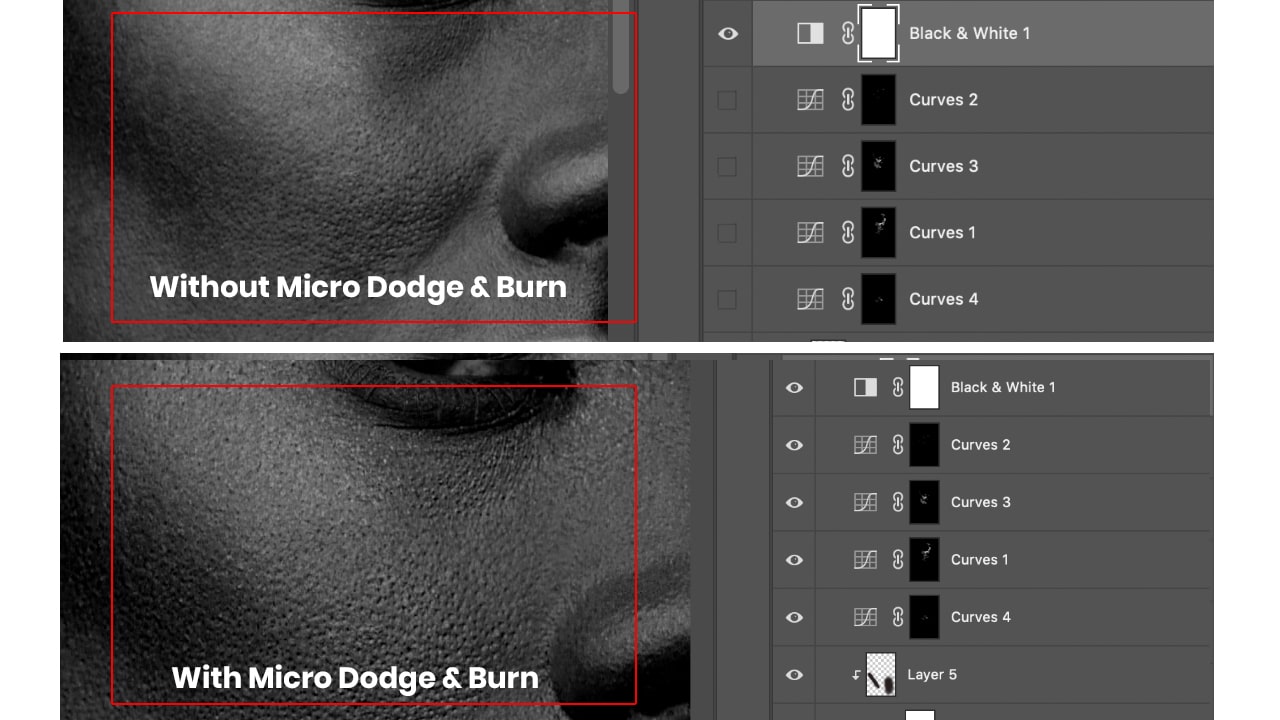 Micro dodge burn in photoshop is done by adjustment layers in photoshop