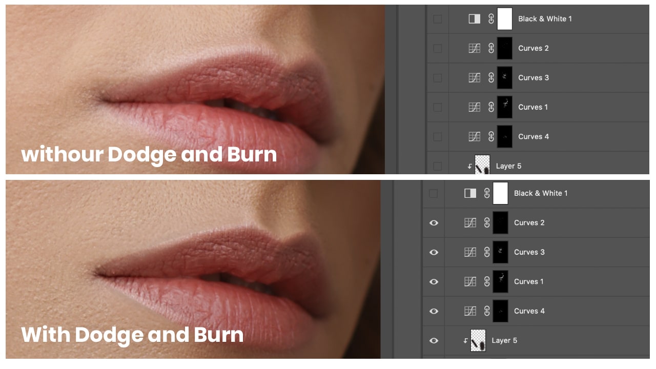 use curve adjustment layer for dodge and burn in photo retouching.